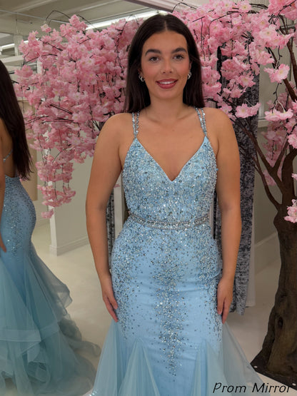 Charming Light Blue Mermaid Prom Dresses, Beaded Tulle Ruffles Formal Gown