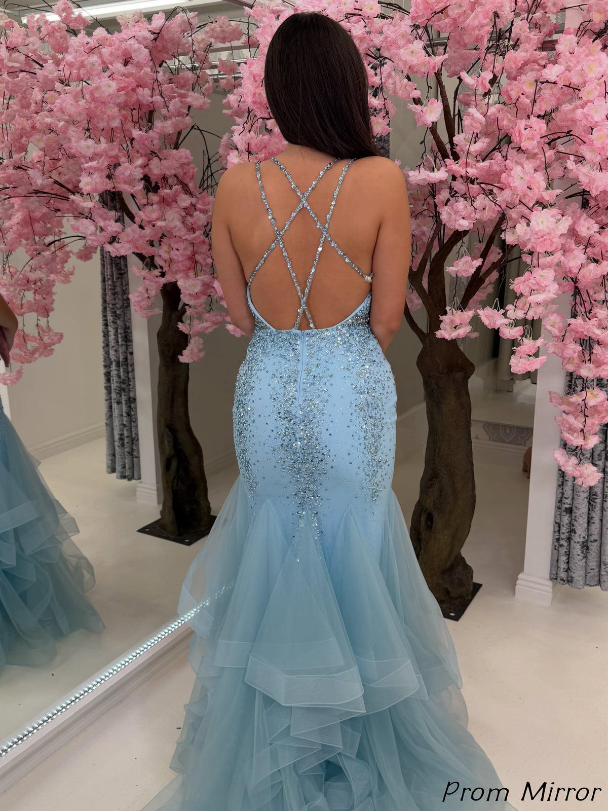 Charming Light Blue Mermaid Prom Dresses, Beaded Tulle Ruffles Formal Gown