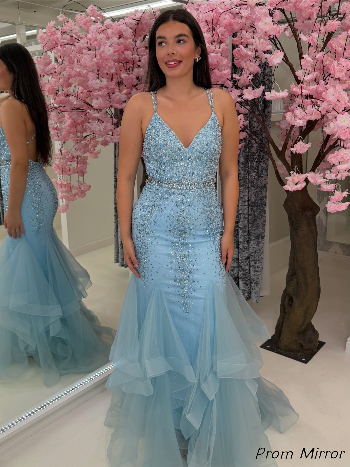 Charming Light Blue Mermaid Prom Dresses, Beaded Tulle Ruffles Formal Gown