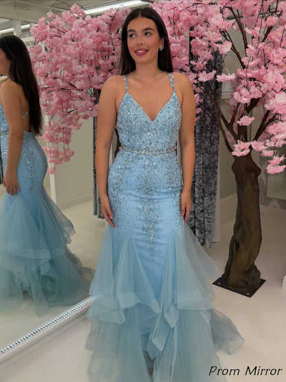 Charming Light Blue Mermaid Prom Dresses, Beaded Tulle Ruffles Formal Gown