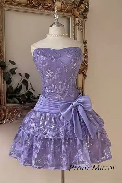 Charming Lilac Sweetheart Lace Tiered Homecoming Dress With Bow