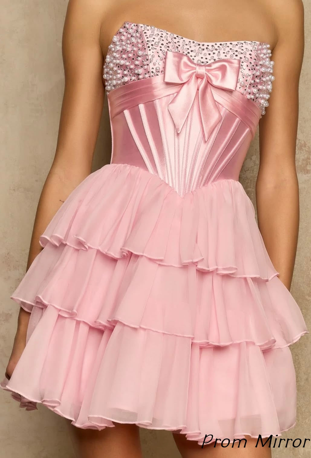 Charming Pink Beaded Chiffon Ruffle Homecoming Dresses
