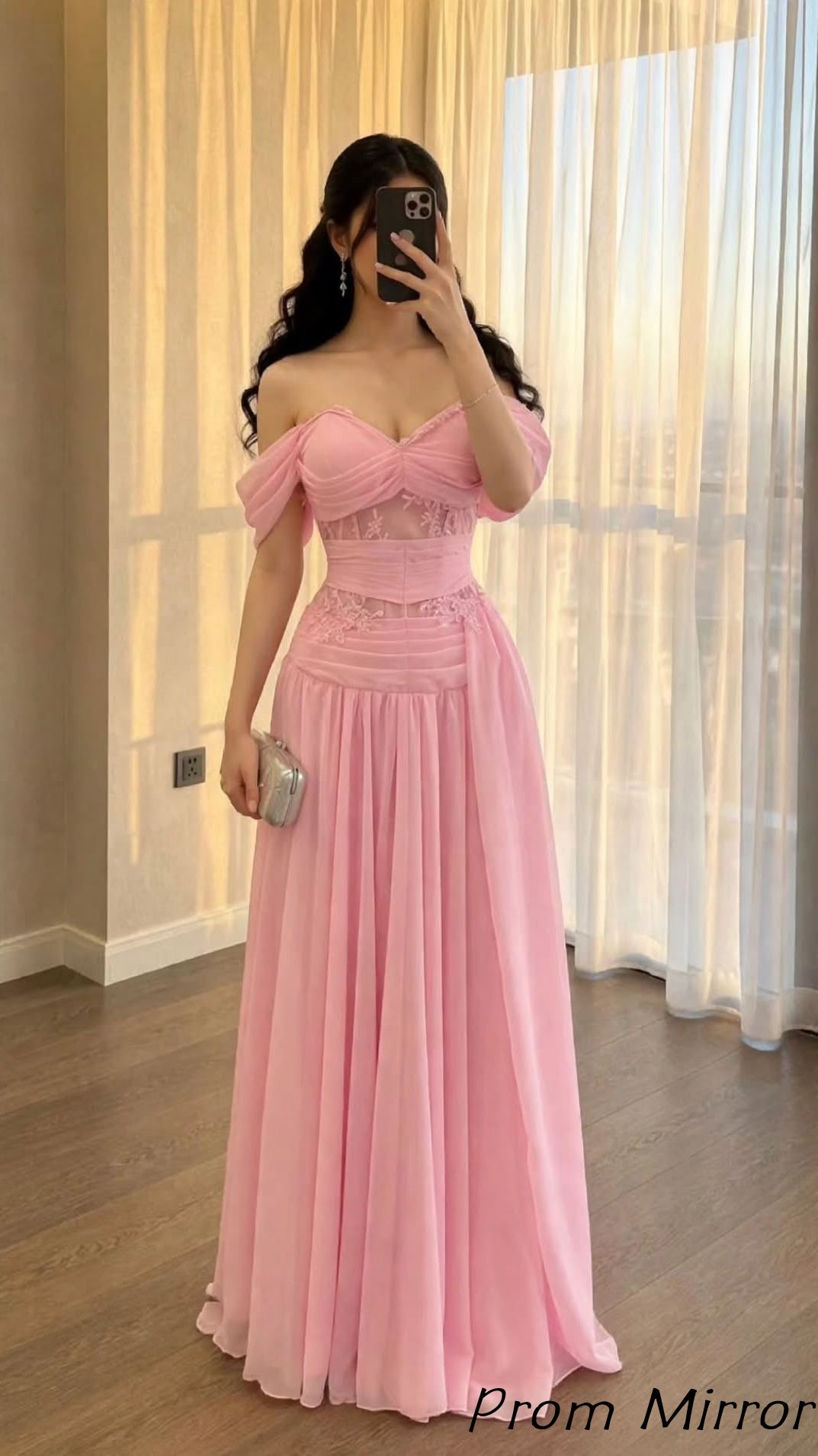 Charming Pink Chiffon Lace Long Prom Dresses, Evening Dress