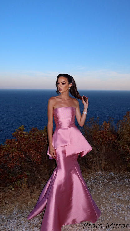 Charming Pink Strapless Satin Long Prom Dresses, Evening Dress