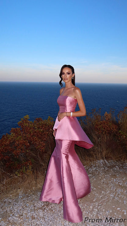 Charming Pink Strapless Satin Long Prom Dresses, Evening Dress