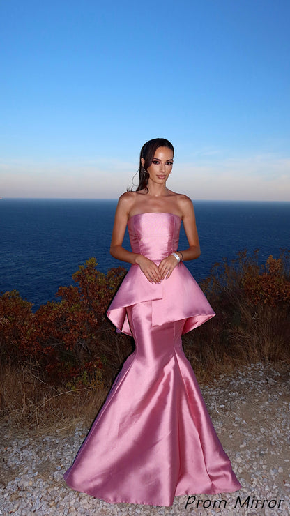 Charming Pink Strapless Satin Long Prom Dresses, Evening Dress