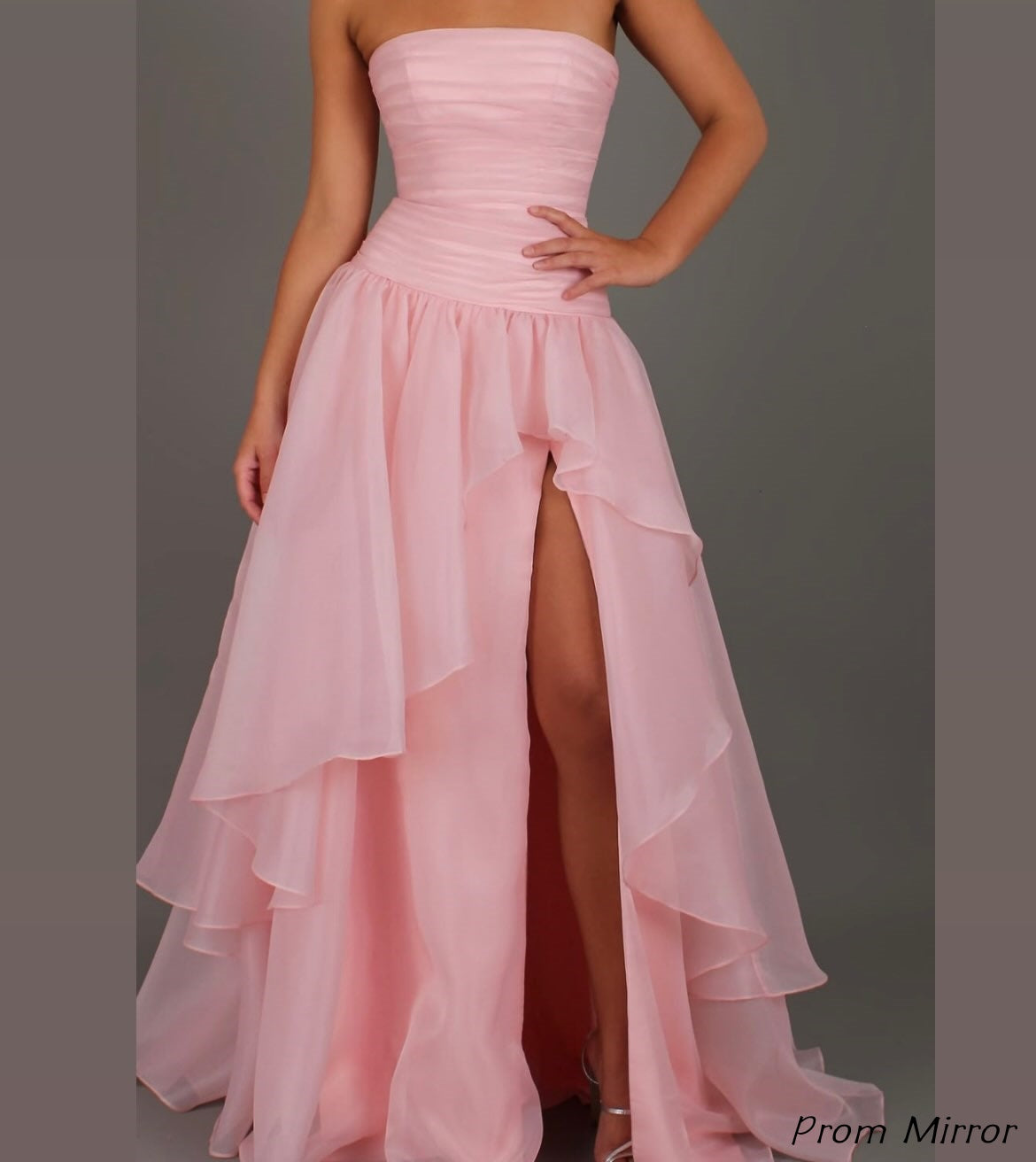 Charming Strapless Sky Blue Chiffon Slit Long Prom Dress, Evening Dresses