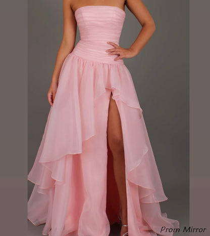 Charming Strapless Sky Blue Chiffon Slit Long Prom Dress, Evening Dresses
