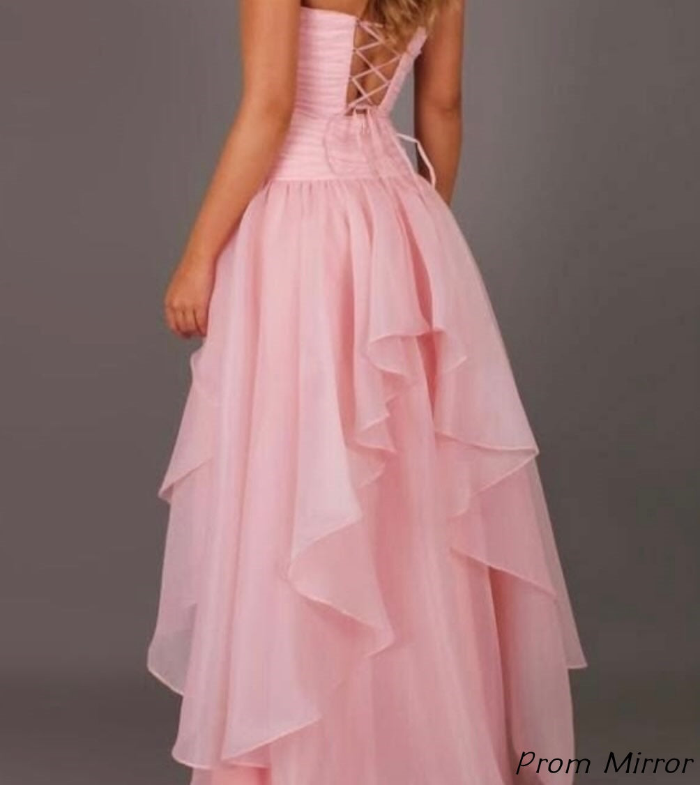 Charming Strapless Sky Blue Chiffon Slit Long Prom Dress, Evening Dresses