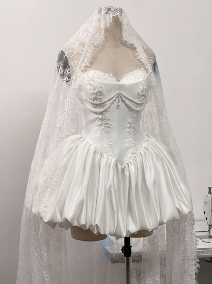 Charming White Strapless Lace Applique Pearl Short Wedding Party Dresses
