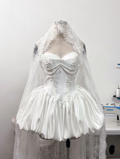 Charming White Strapless Lace Applique Pearl Short Wedding Party Dresses