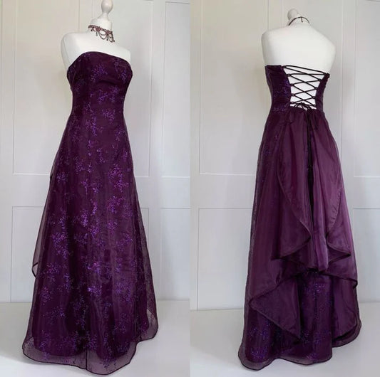 Chic Ball Gown Strapless Grape Tulle Evening Dress Long Prom Dresses