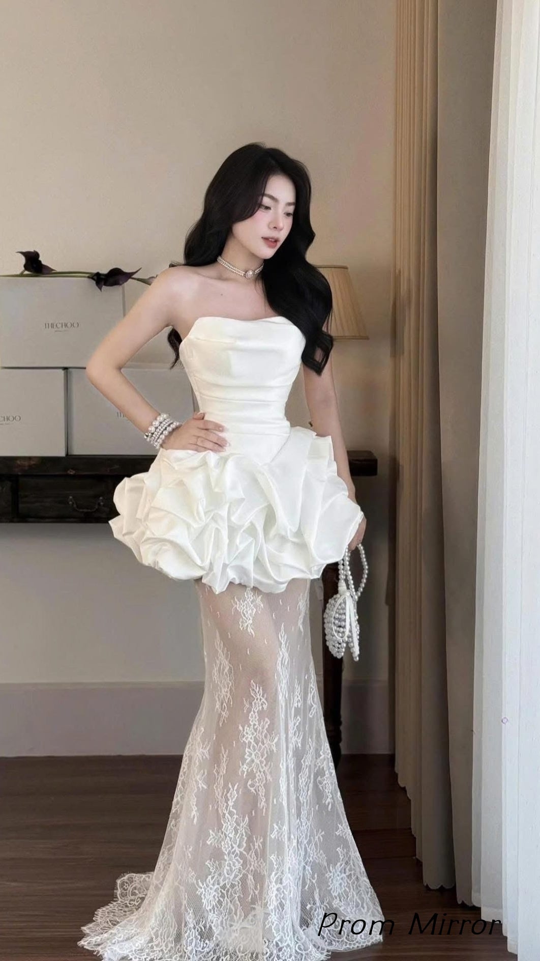Chic Strapless Folding Wedding Dresses Lace Party Bridal Dress