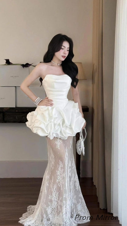 Chic Strapless Folding Wedding Dresses Lace Party Bridal Dress