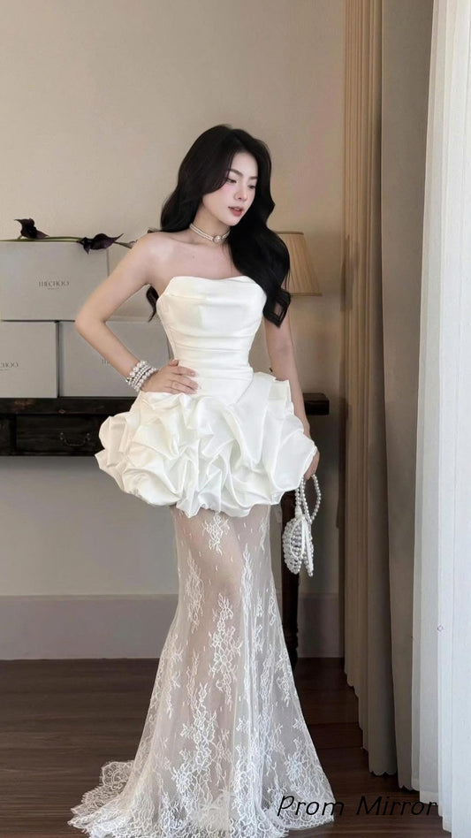 Chic Strapless Folding Wedding Dresses Lace Party Bridal Dress
