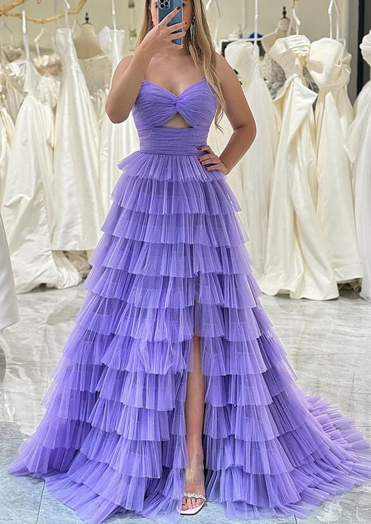 Chic Tiered Long Tulle Prom Dress with Ruffle Skirt,Spaghetti Straps Evening Gown