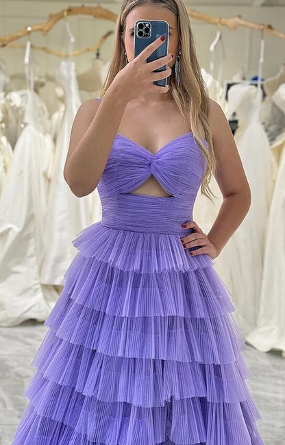 Chic Tiered Long Tulle Prom Dress with Ruffle Skirt,Spaghetti Straps Evening Gown