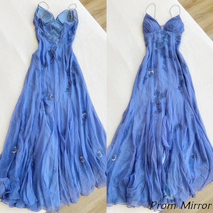 Classic Floral Appliques Mermaid Chiffon Long Prom Dress with Slit