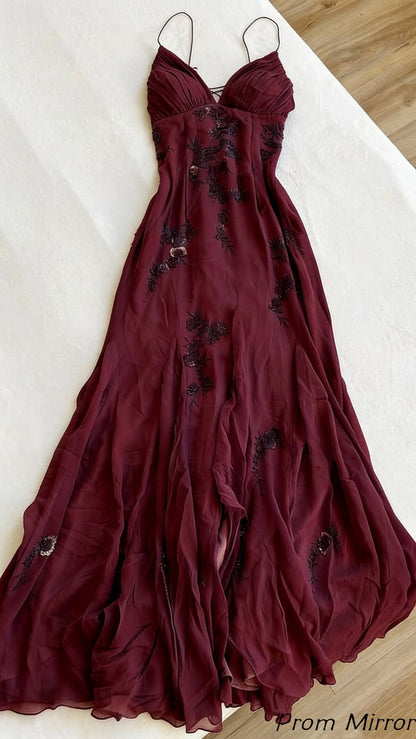Classic Floral Appliques Mermaid Chiffon Long Prom Dress with Slit