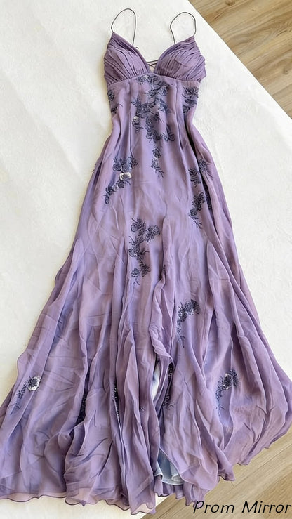 Classic Floral Appliques Mermaid Chiffon Long Prom Dress with Slit