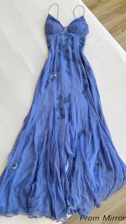 Classic Floral Appliques Mermaid Chiffon Long Prom Dress with Slit