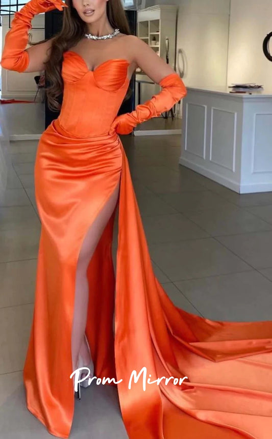 Classic Orange Satin Pleated Long Prom Dresses With Side Slit