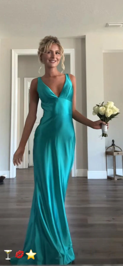Classy A line V Neckline Blue Satin Sleeveless Long Prom Dresses