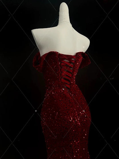Classy Mermaid Sweetheart Red Slit Sequin Long Evening Gowns Prom Dress