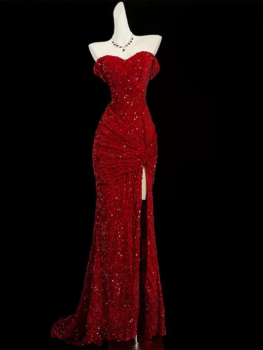 Classy Mermaid Sweetheart Red Slit Sequin Long Evening Gowns Prom Dress