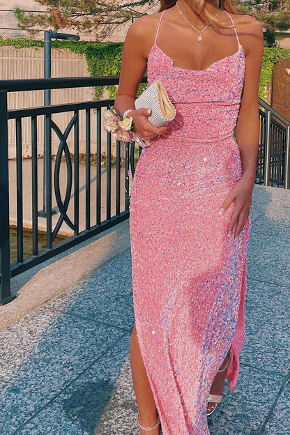 Cowl Neck Pink Sequin Mermaid Long Formal Dress with Slit