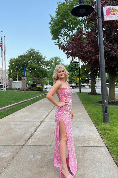 Cowl Neck Pink Sequin Mermaid Long Formal Dress with Slit