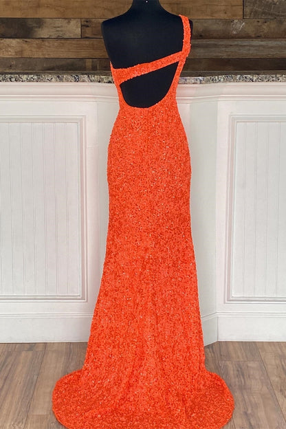 Cross One Shoulder Neon Pink Sequins Mermaid Long Formal Dress