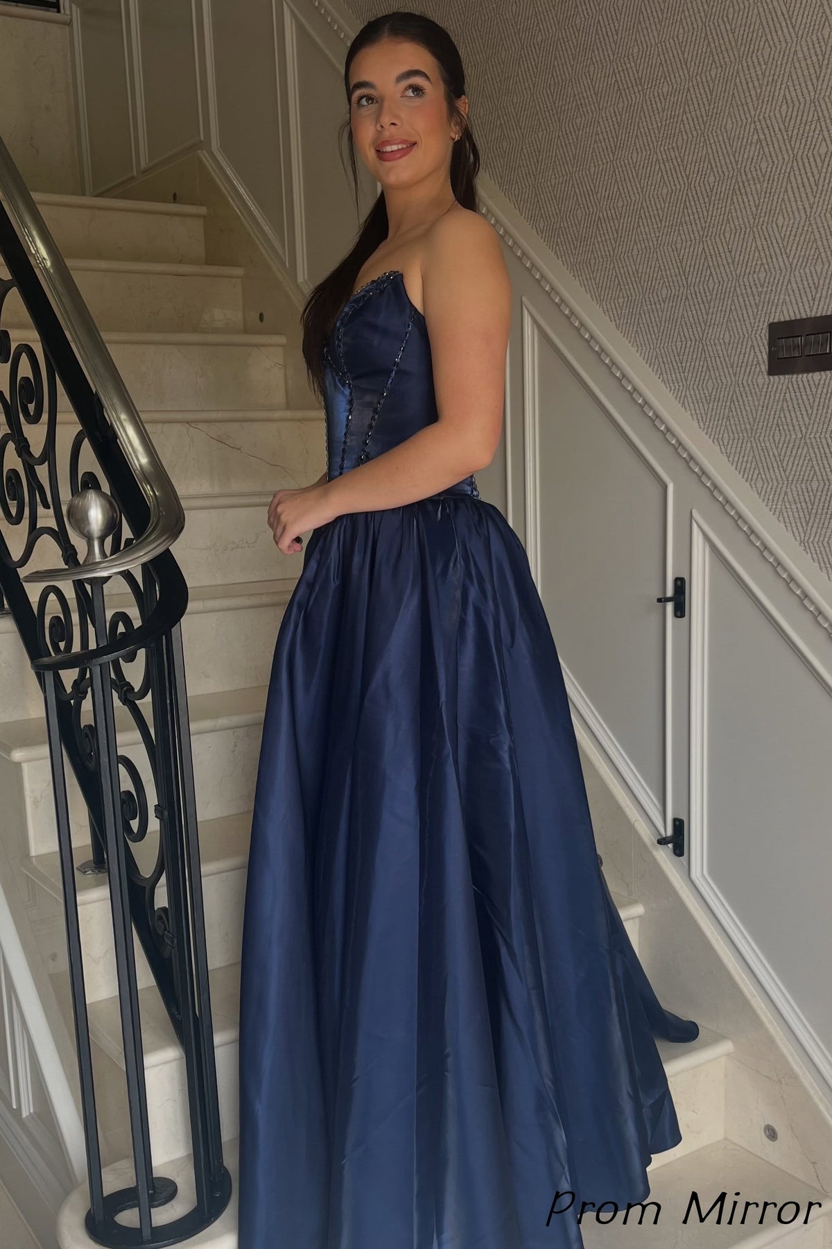 Custom Made Navy Blue Strapless Beaded A-Line Satin Long Prom Dresses