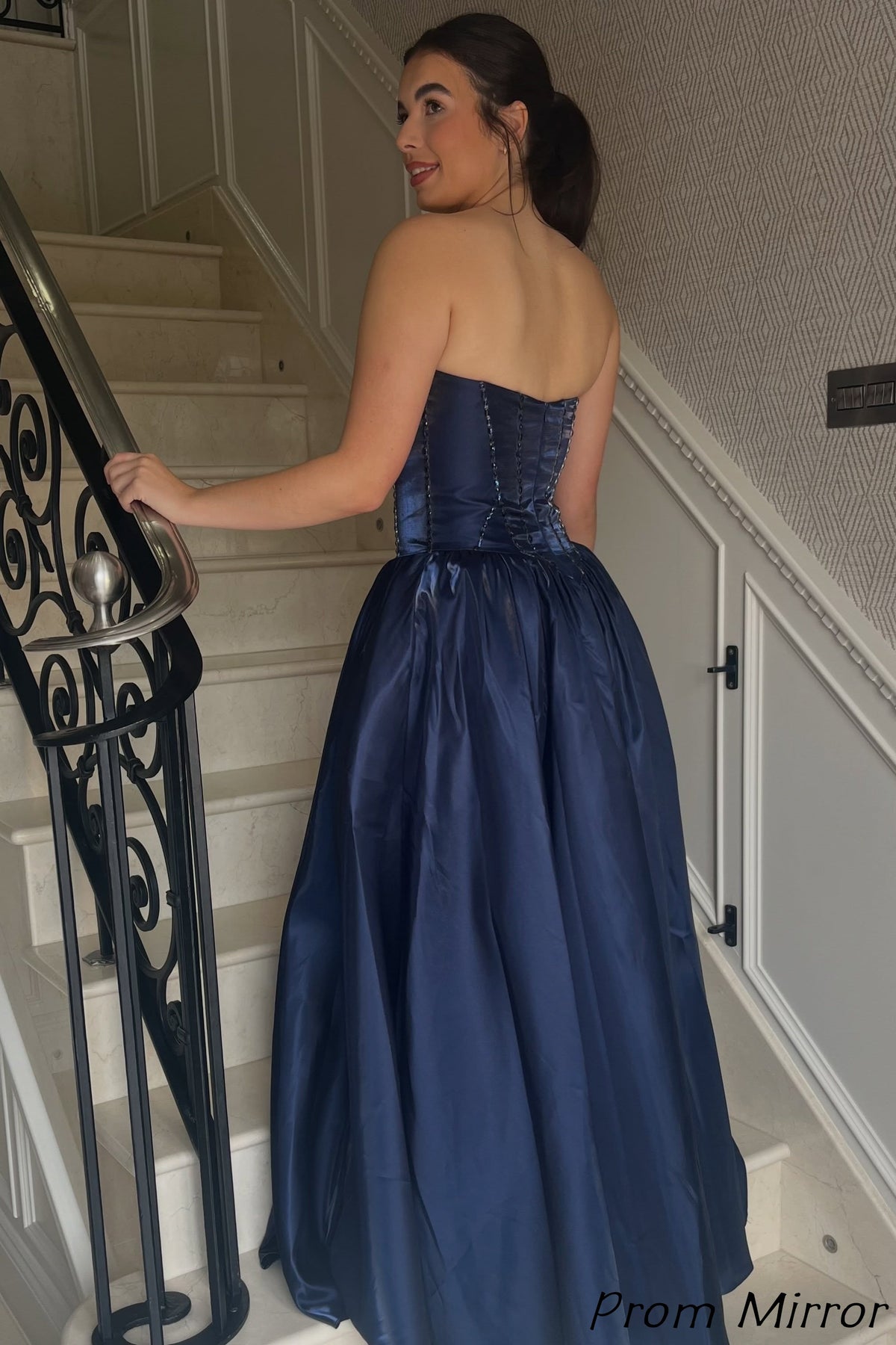 Custom Made Navy Blue Strapless Beaded A-Line Satin Long Prom Dresses