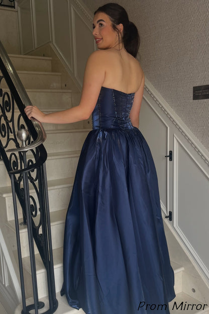 Custom Made Navy Blue Strapless Beaded A-Line Satin Long Prom Dresses