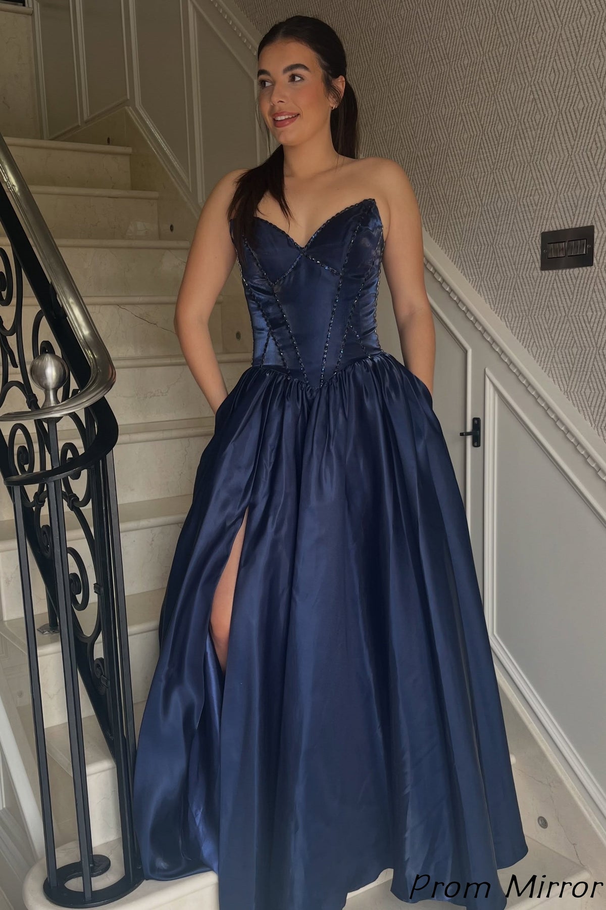 Custom Made Navy Blue Strapless Beaded A-Line Satin Long Prom Dresses