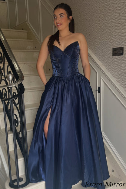 Custom Made Navy Blue Strapless Beaded A-Line Satin Long Prom Dresses