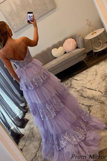 Custom Made Spaghetti Straps Lilac Lace Tulle Ruffles Senior Prom Dress