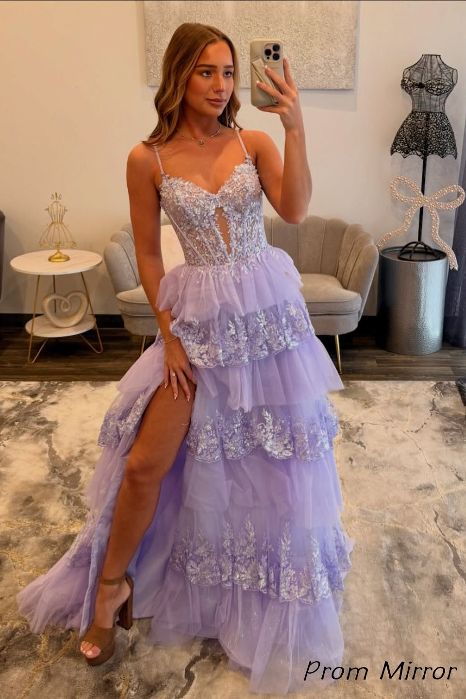 Custom Made Spaghetti Straps Lilac Lace Tulle Ruffles Senior Prom Dress