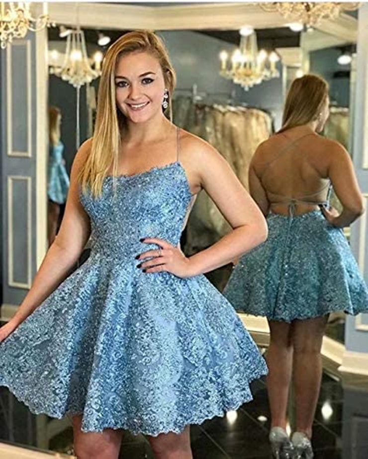 Short Backless Blue Lace Open Back Short Blue Lace Homecoming Dresses