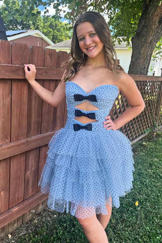 Cute Dots Chiffon Ruffle Homecoming Dresses Strapless Bowknot Mini Prom Dress