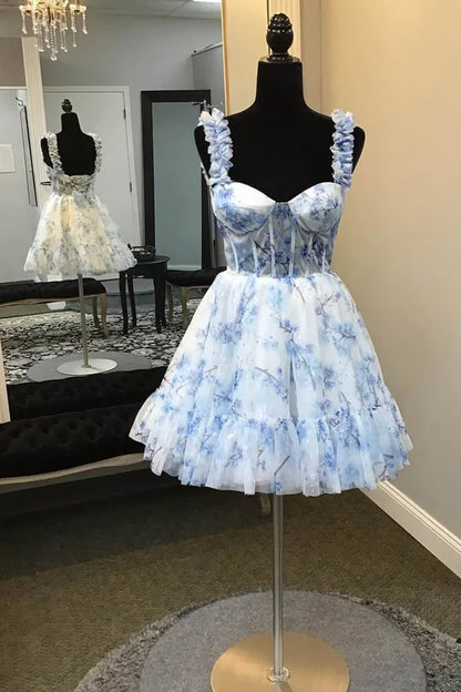 Cute Floral A-Line Chiffon Homecoming Dresses