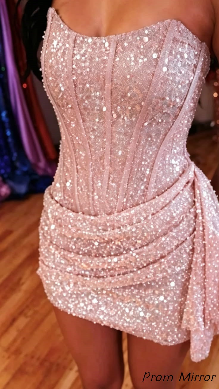 Prom Mirror Cute Homecoming Dresses Sky Blue Strapless Bodycon Sequin Hoco Dress