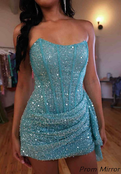 Prom Mirror Cute Homecoming Dresses Sky Blue Strapless Bodycon Sequin Hoco Dress