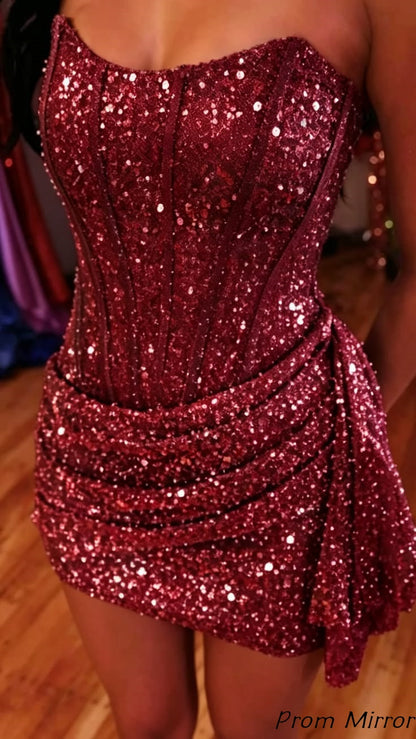 Prom Mirror Cute Homecoming Dresses Sky Blue Strapless Bodycon Sequin Hoco Dress