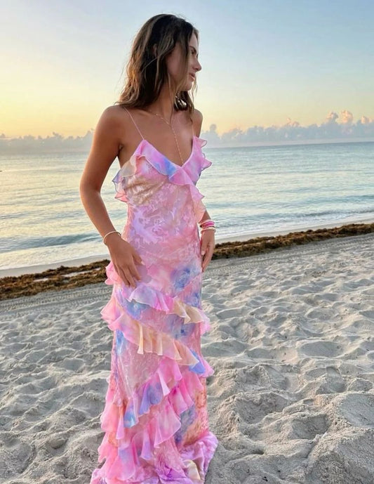 Cute Layers Spaghetti Straps Long Prom Dress Summer Beach Dresses