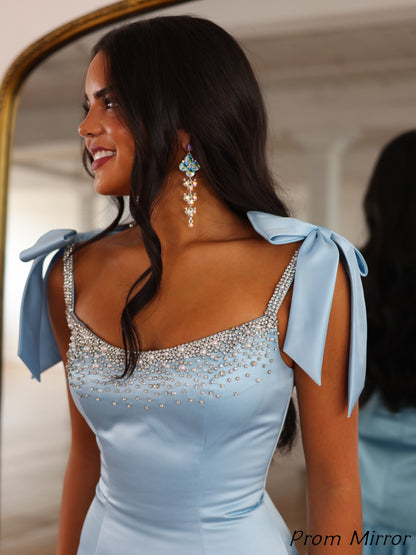 Cute Light Blue Satin Chiffon Beaded Short Prom Dress Online, Ruffle Homecoming Dresses