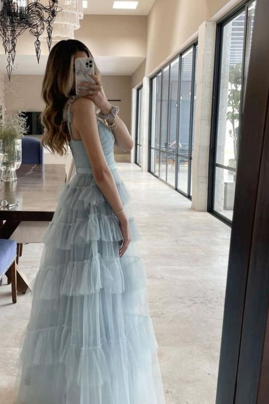 Cute Light Blue Tulle Prom Dresses Layers Semi Formal Gown