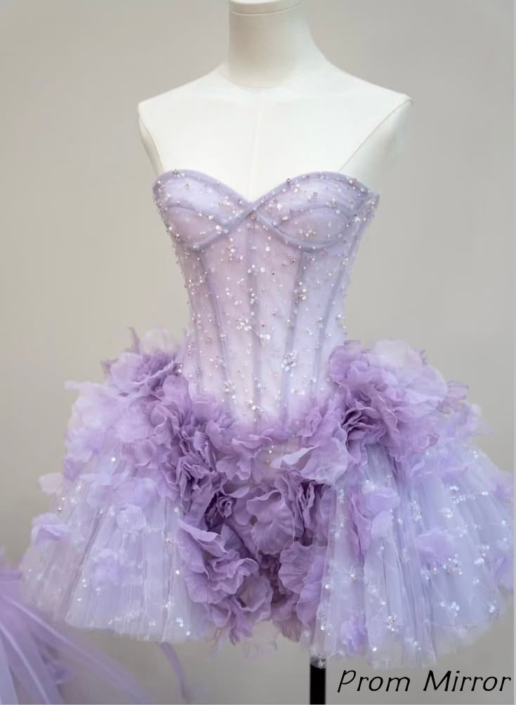 Cute Lilac Sweetheart Beaded Floral Homecoming Dresses