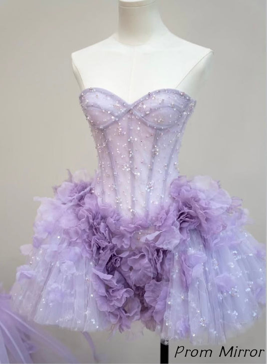 Cute Lilac Sweetheart Beaded Floral Homecoming Dresses